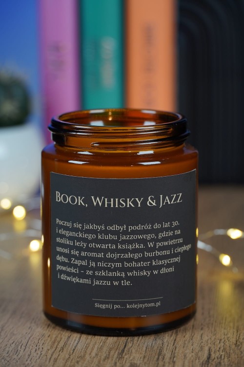 book whisky &amp; jazz świeca sojowa wieczorny klimat książka szkło whisky i jazzowy nastrój idealna na relaks, świeca z ciemną czarną etykietą z napisami