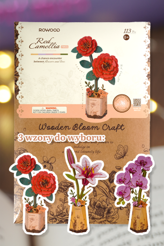 kwiatowe puzzle 3d dekoracja zestaw trzech bukietów kwiatów w wazonach do samodzielnego złożenia idealny prezent i ozdoba mieszkania - czerwona kamelia, różowa lilia, fioletowa orchidea